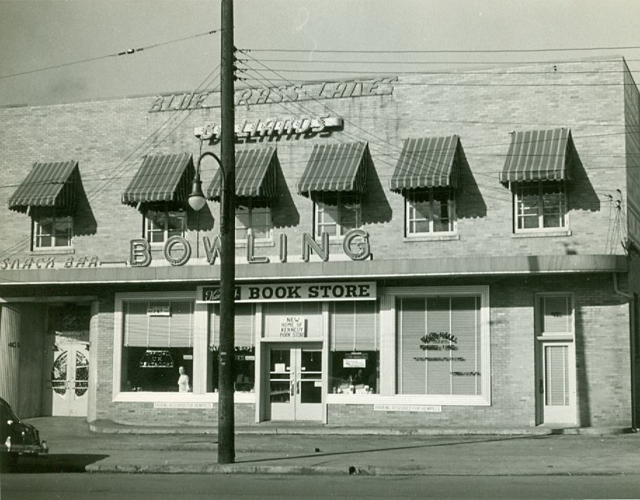 Kennedy's Bookstore: a black and white photo of a bowling and bookstore