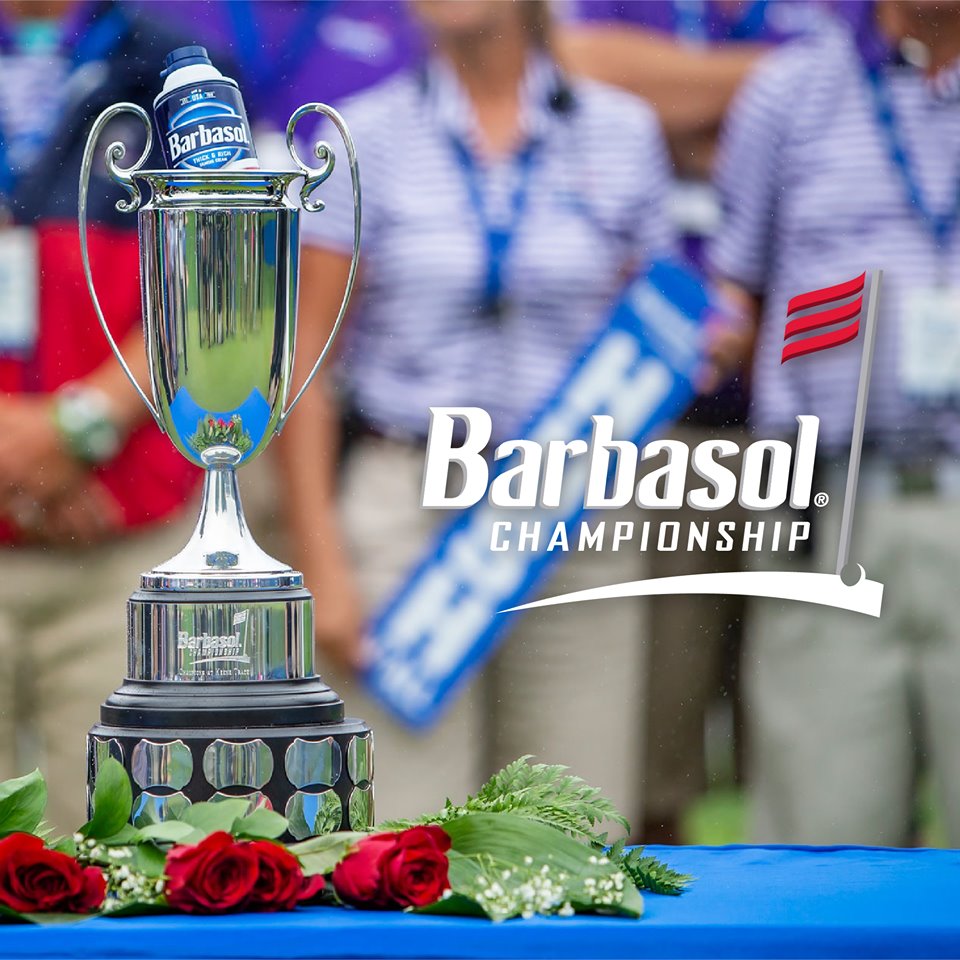 trophy with a shaving can in it and Barbasol Championship graphic