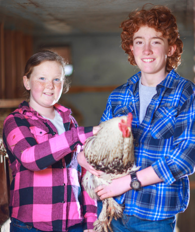 Boy and girl holding a chicken