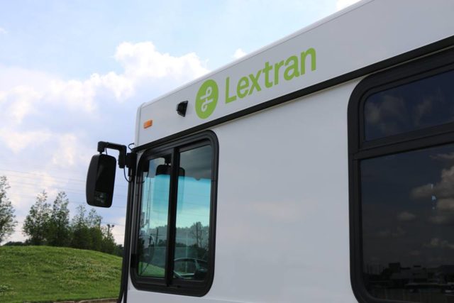 white city bus that says lextran in green