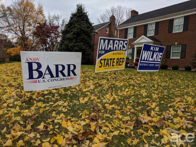 3 political yard signs in a yard with yellow leaves and a house in the background