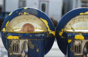 meter: blue and yellow parking meters