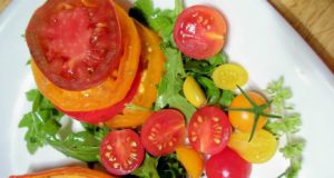white plate with tomatoes, green lettuce, and other vegetables